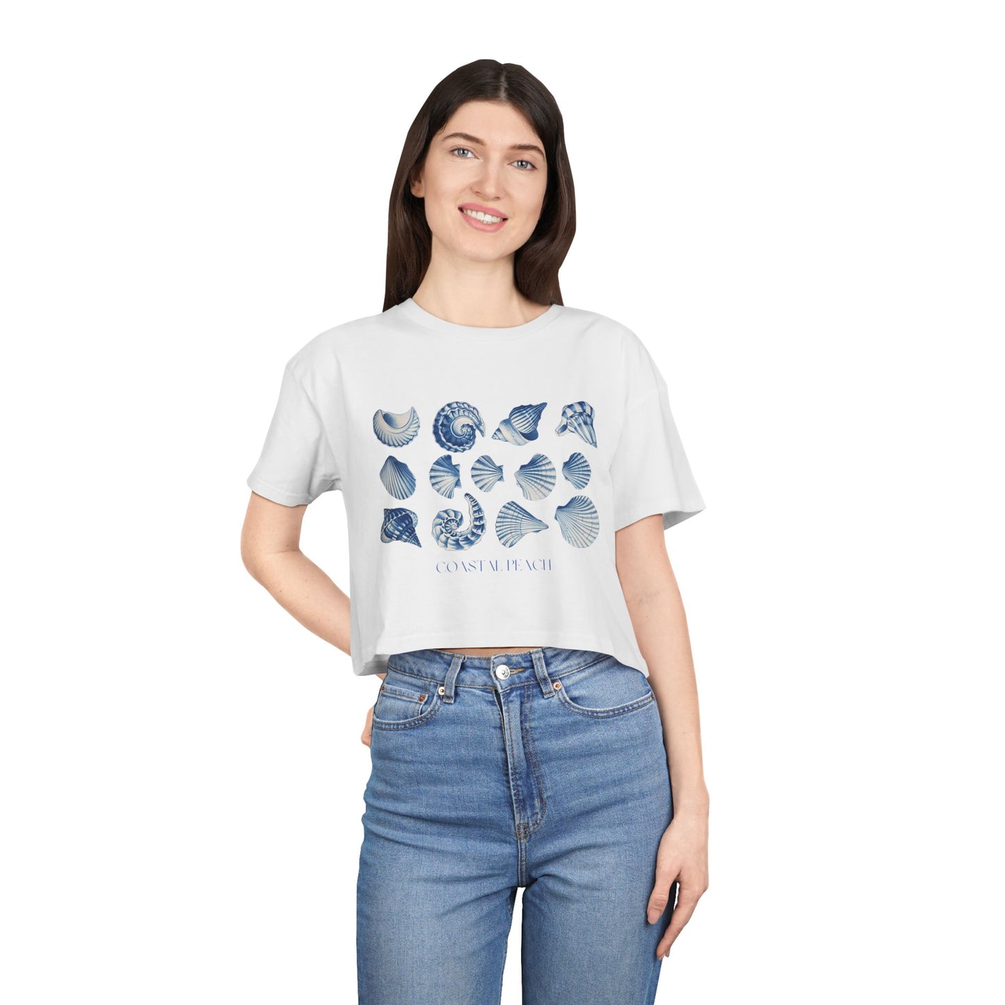 Seashell Breeze Cropped Tee White & Blue