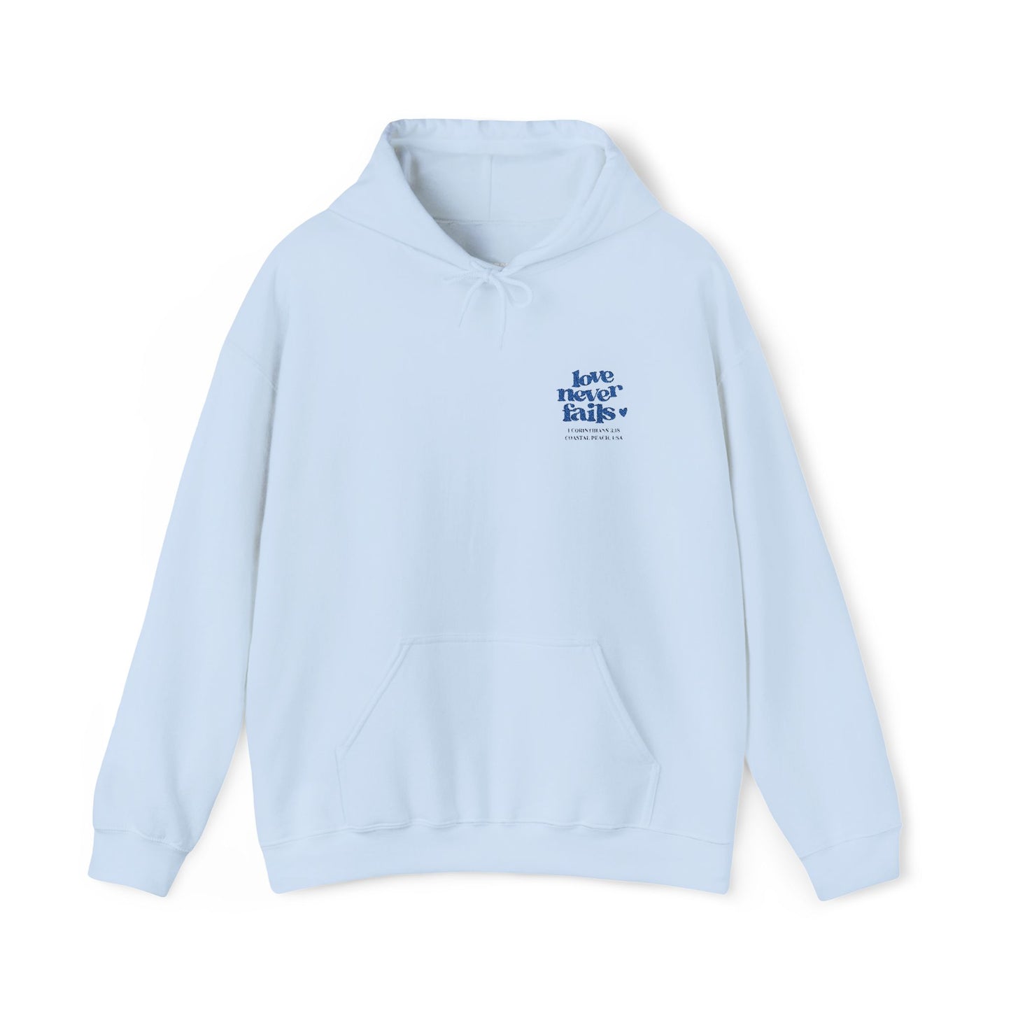 Love Never Fails Embroidered Sweatshirt Baby Blue